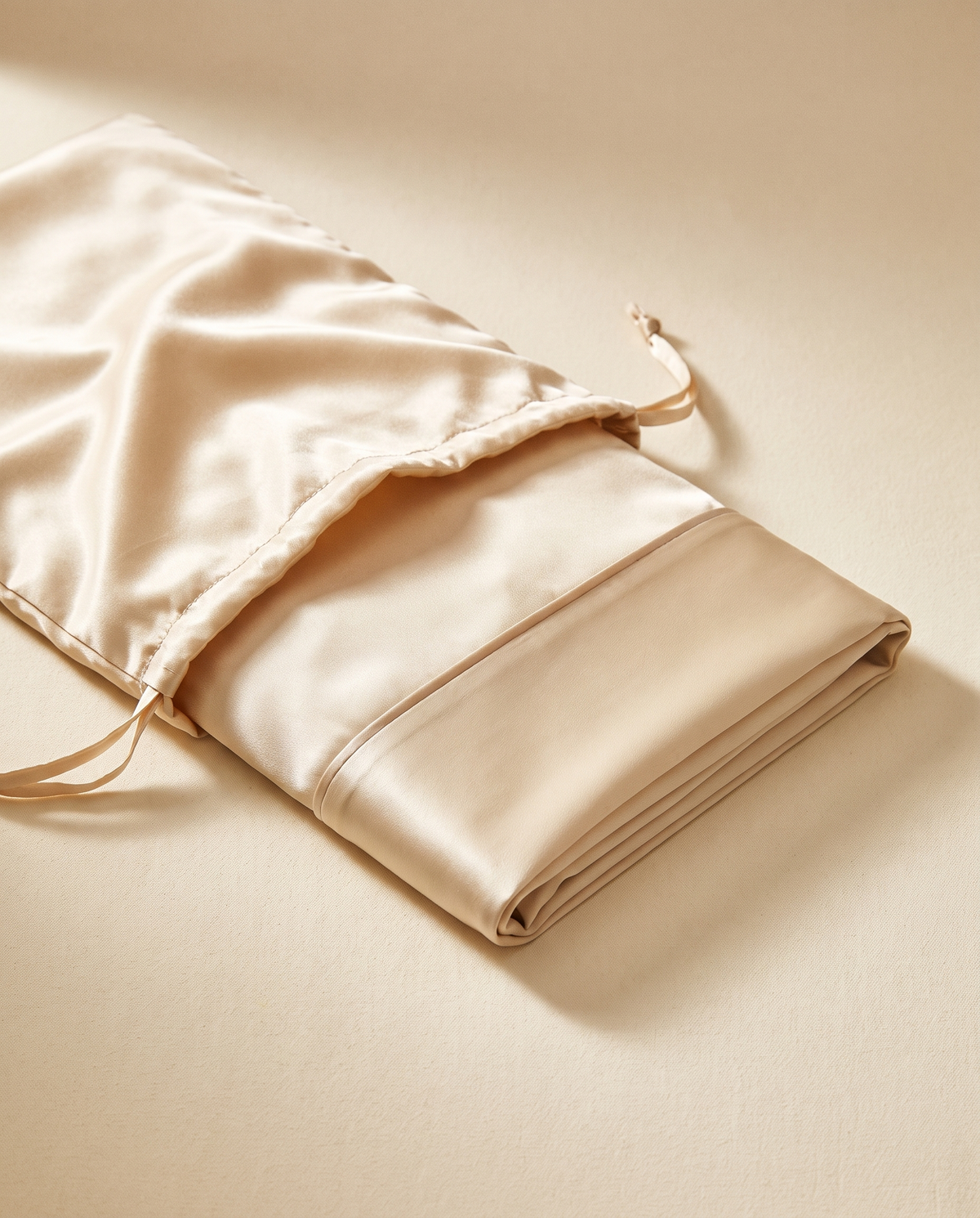 The complimentary Vellinta silk pillowcase folded beside its silk pouch