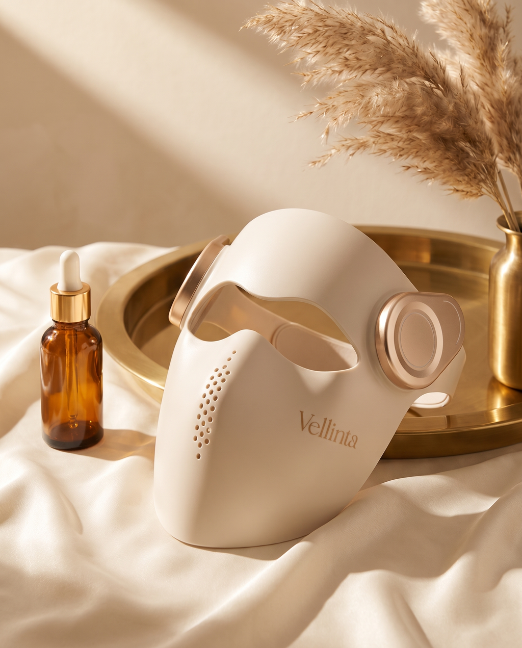 Vellinta Lumina Pro mask styled on ivory silk with a serum bottle and brass tray