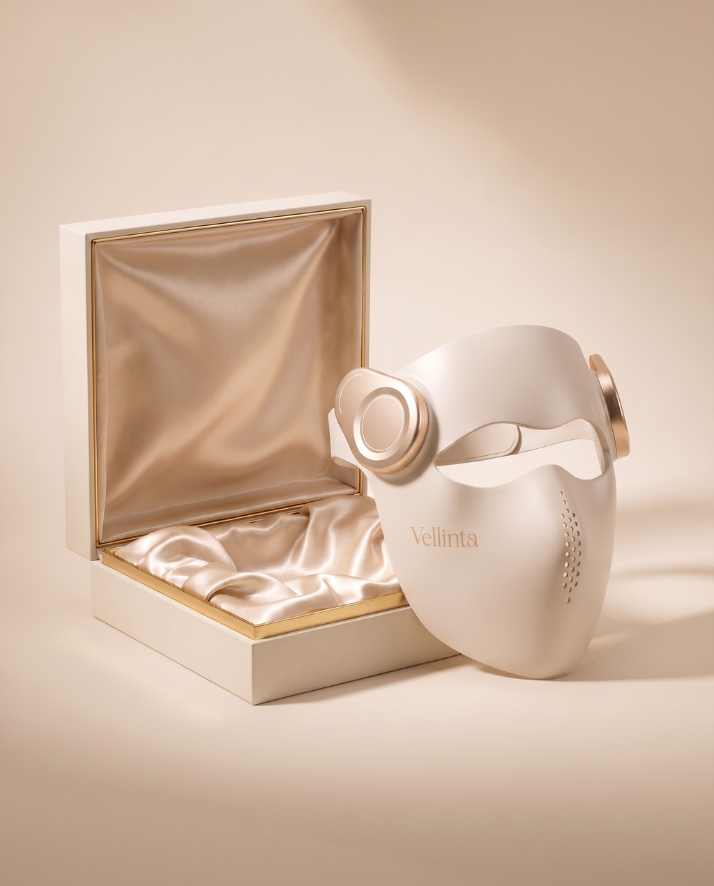 Vellinta Lumina Pro in Champagne beside its cream gift box with champagne satin lining