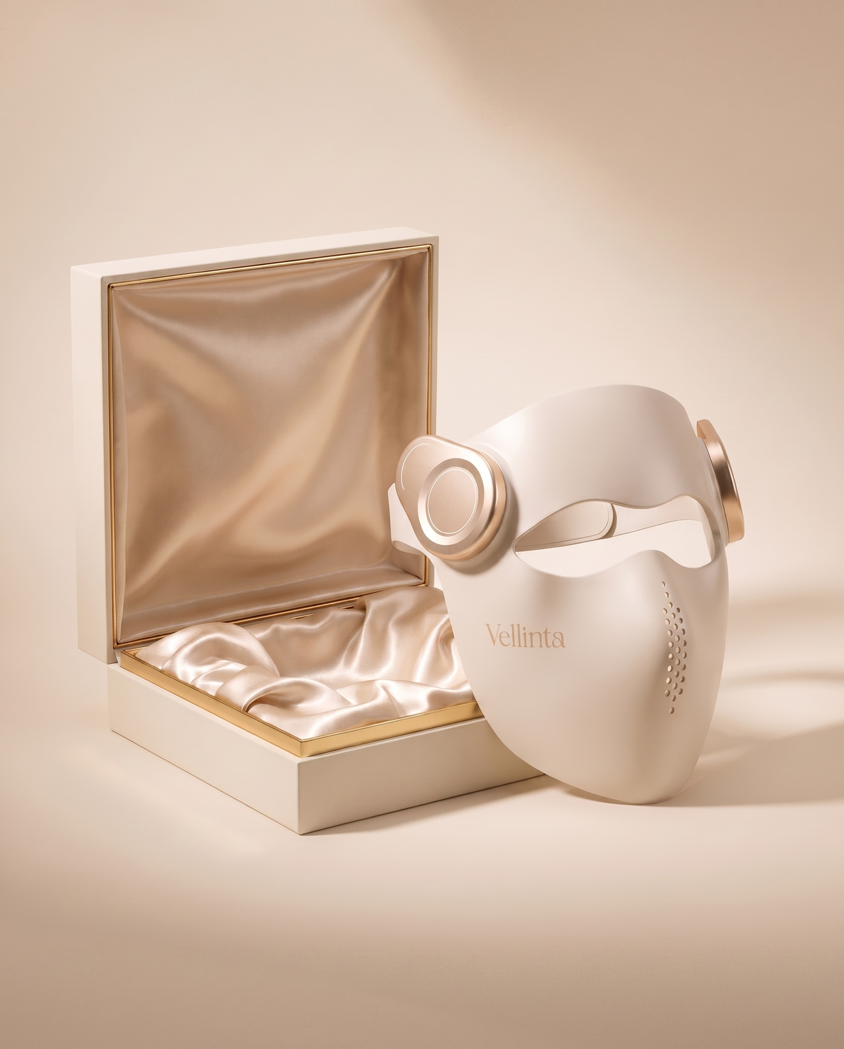 Vellinta Lumina Pro in Champagne beside its cream gift box with champagne satin lining