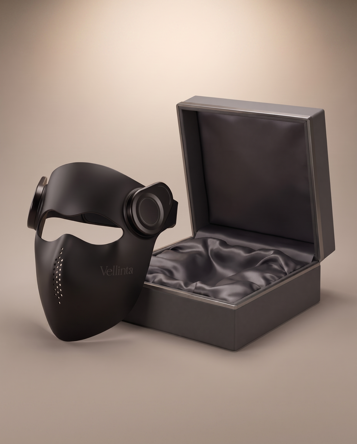 Vellinta Lumina Pro in Onyx beside its charcoal gift box with graphite satin lining