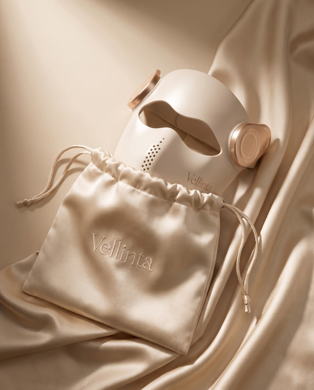Vellinta Lumina Pro emerging from its champagne silk storage pouch
