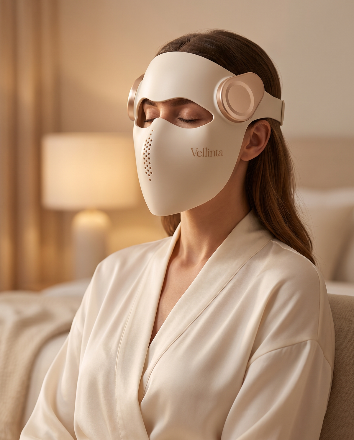 A woman wearing the Vellinta Lumina Pro during an evening skincare ritual