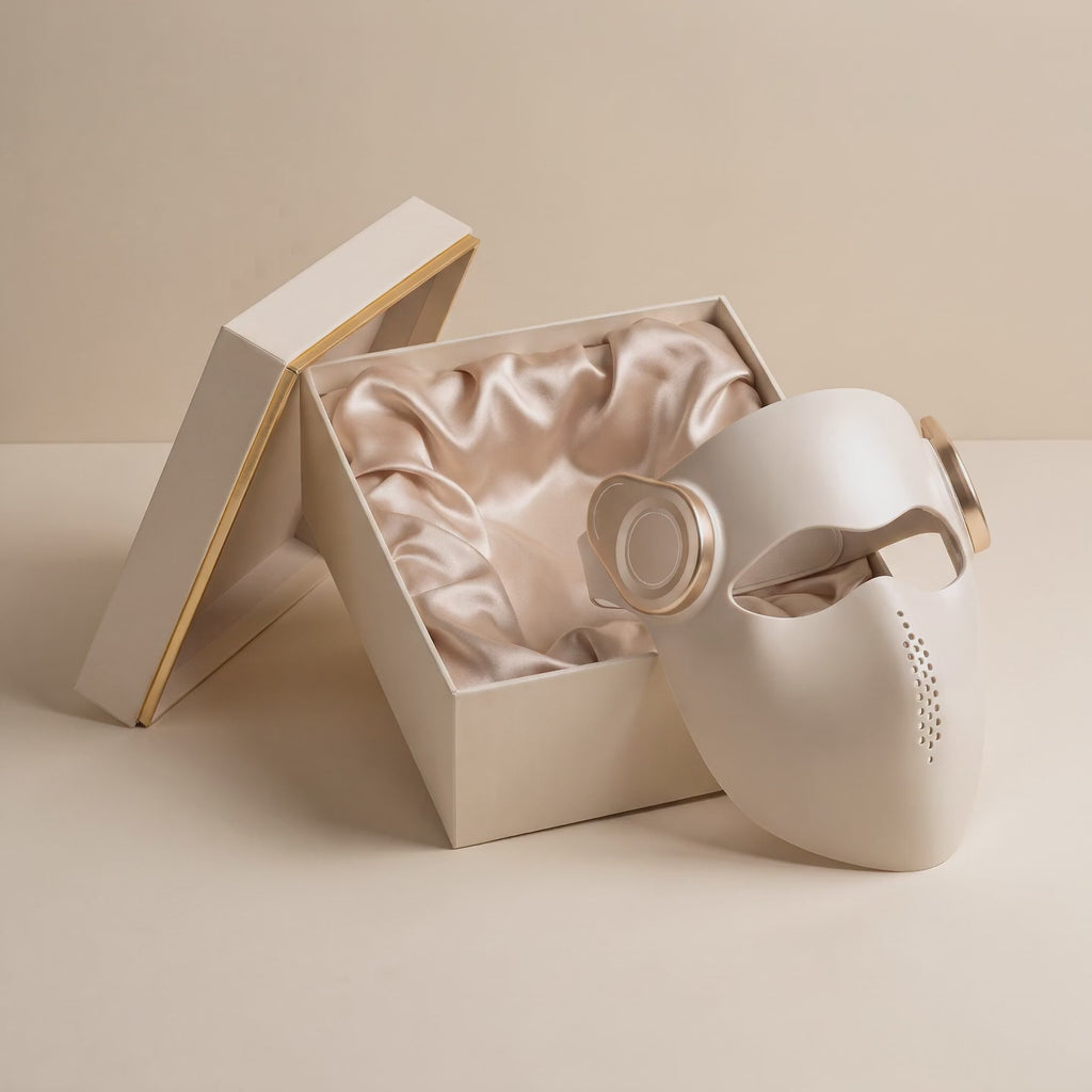 Vellinta Lumina Pro red light therapy mask with its gift box, slow cinematic reveal with warm red light