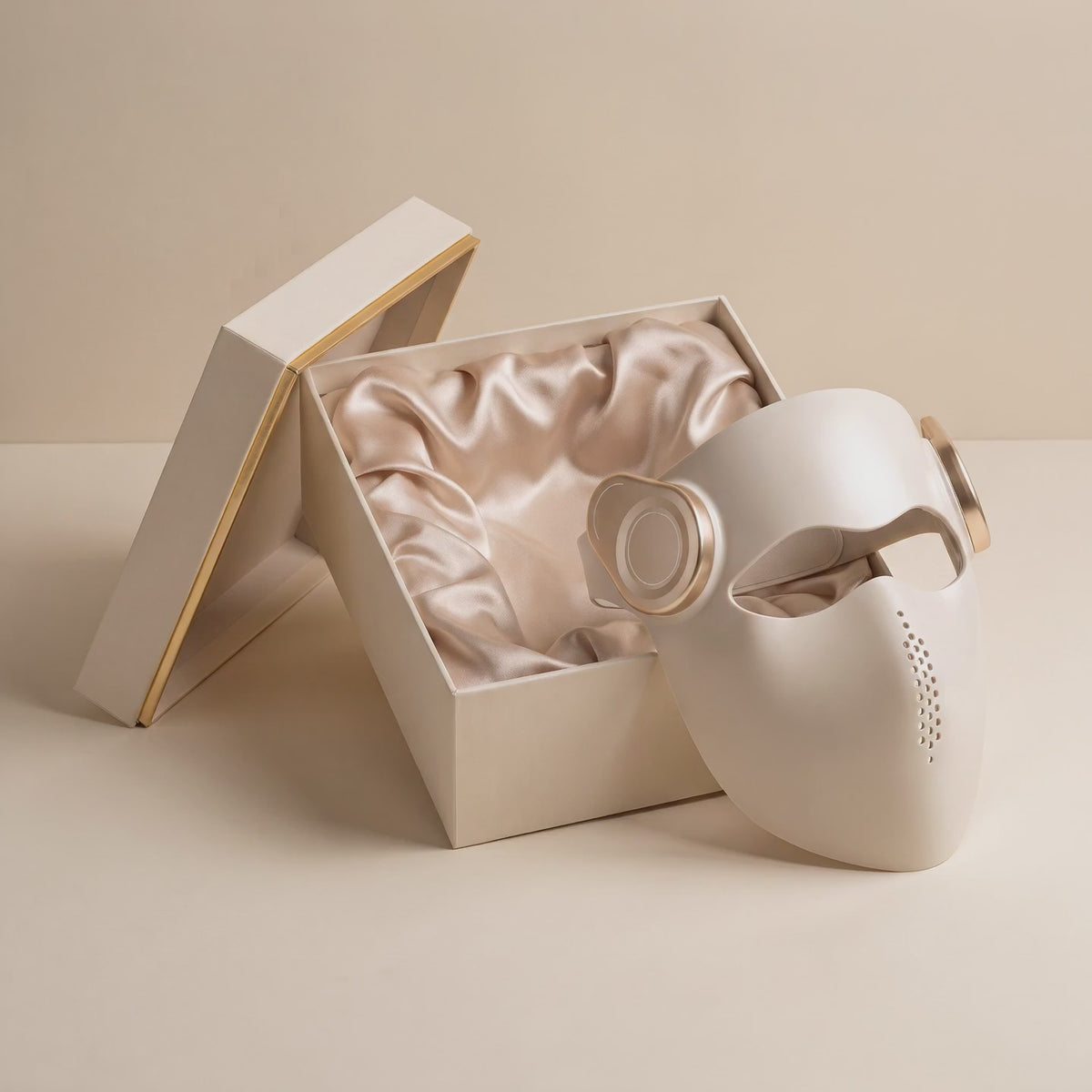 Vellinta Lumina Pro red light therapy mask with its gift box, slow cinematic reveal with warm red light