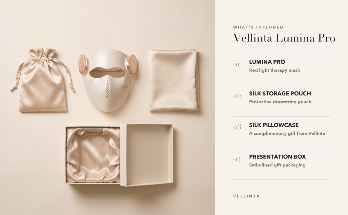 What's included with the Vellinta Lumina Pro: the mask, silk storage pouch, complimentary silk pillowcase and presentation box